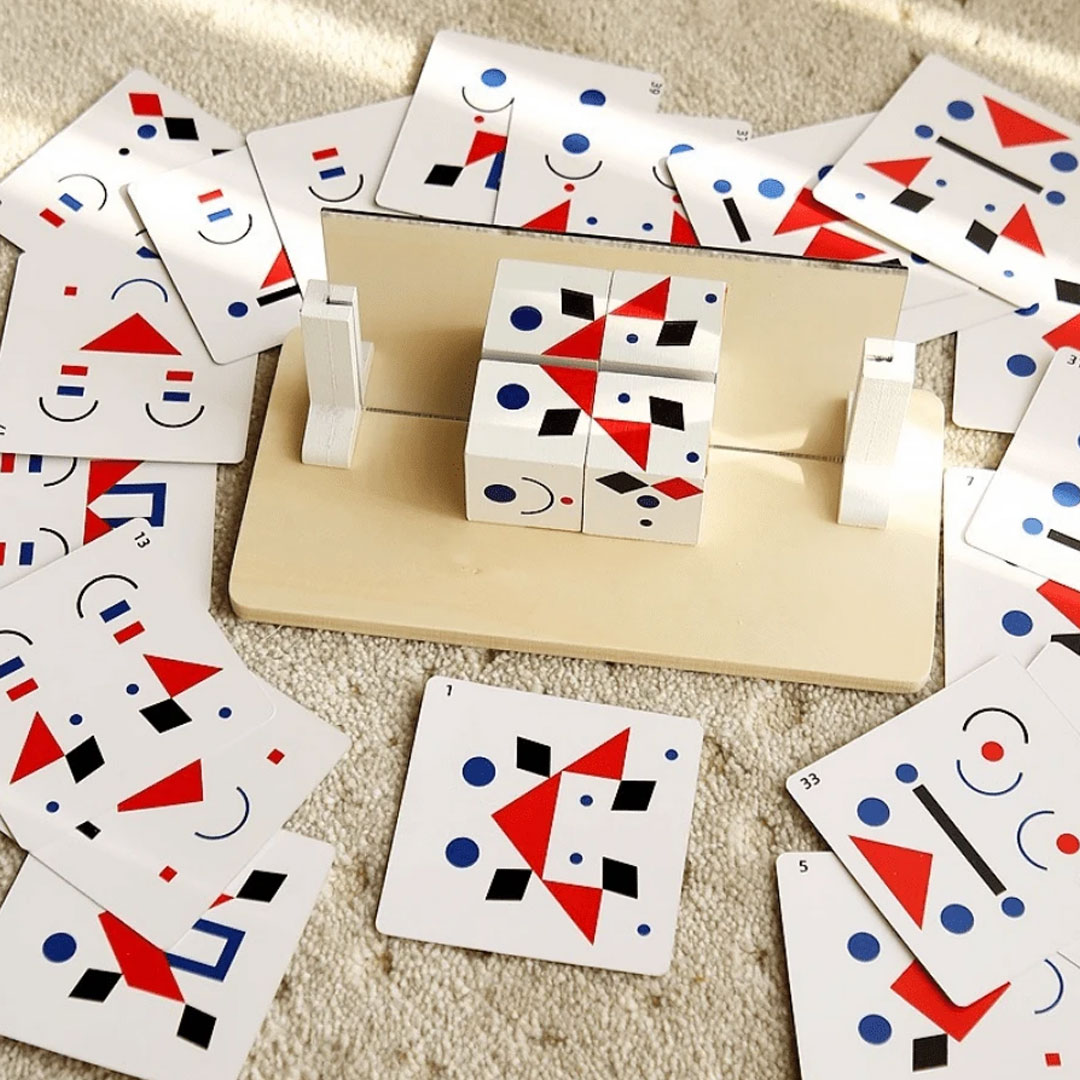 Wooden Mirror Cube Puzzle with 20 Pattern Cards for Kids