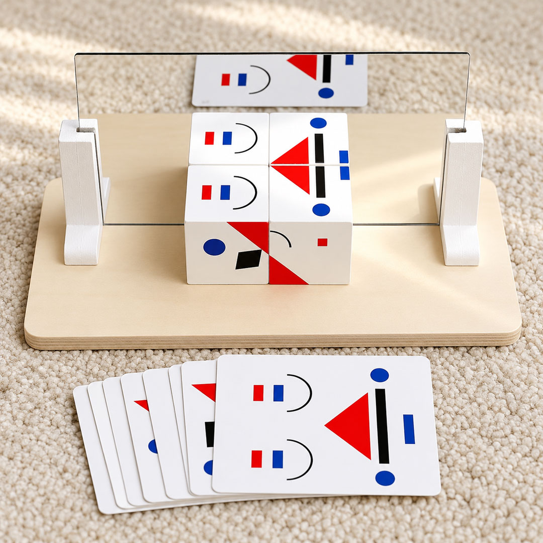Wooden Mirror Cube Puzzle with 20 Pattern Cards for Kids
