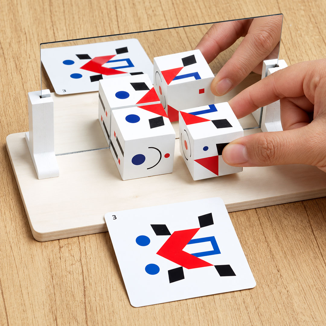 Wooden Mirror Cube Puzzle with 20 Pattern Cards for Kids