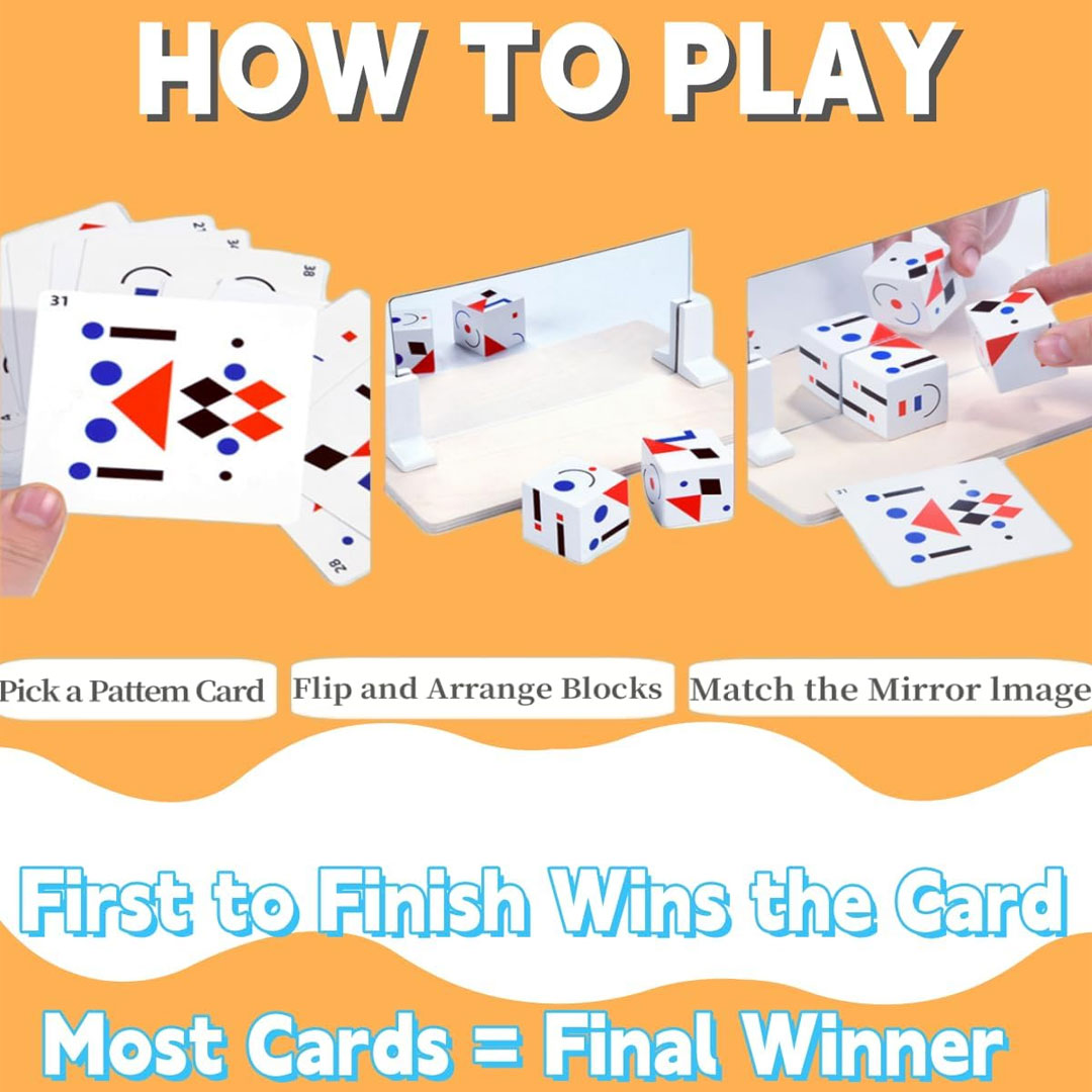 Wooden Mirror Cube Puzzle with 20 Pattern Cards for Kids