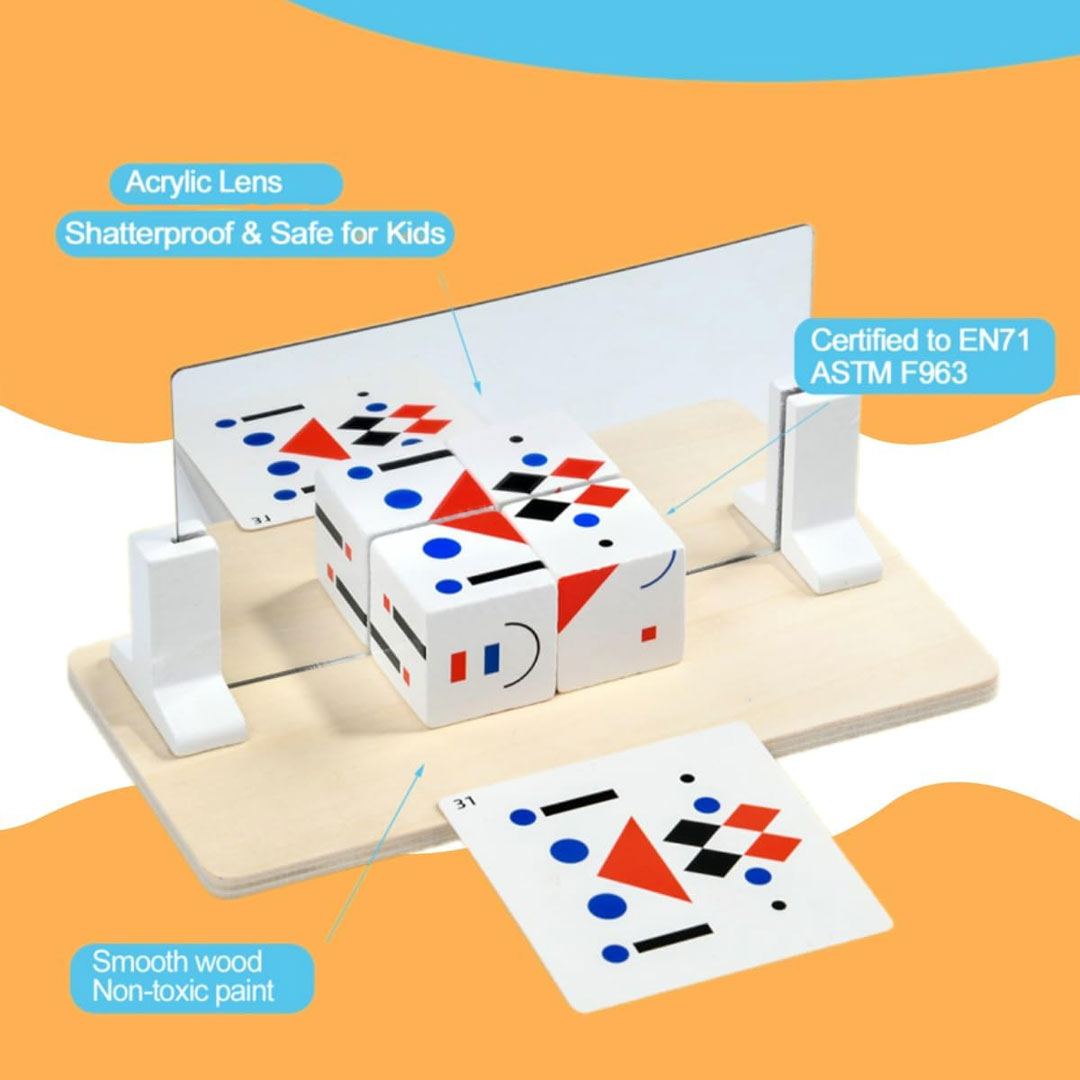 Wooden Mirror Cube Puzzle with 20 Pattern Cards for Kids