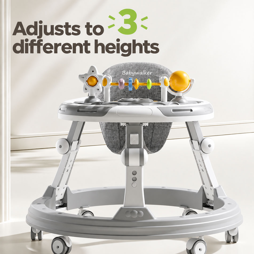 Height Adjustable Baby Walker with Musical Toy Tray