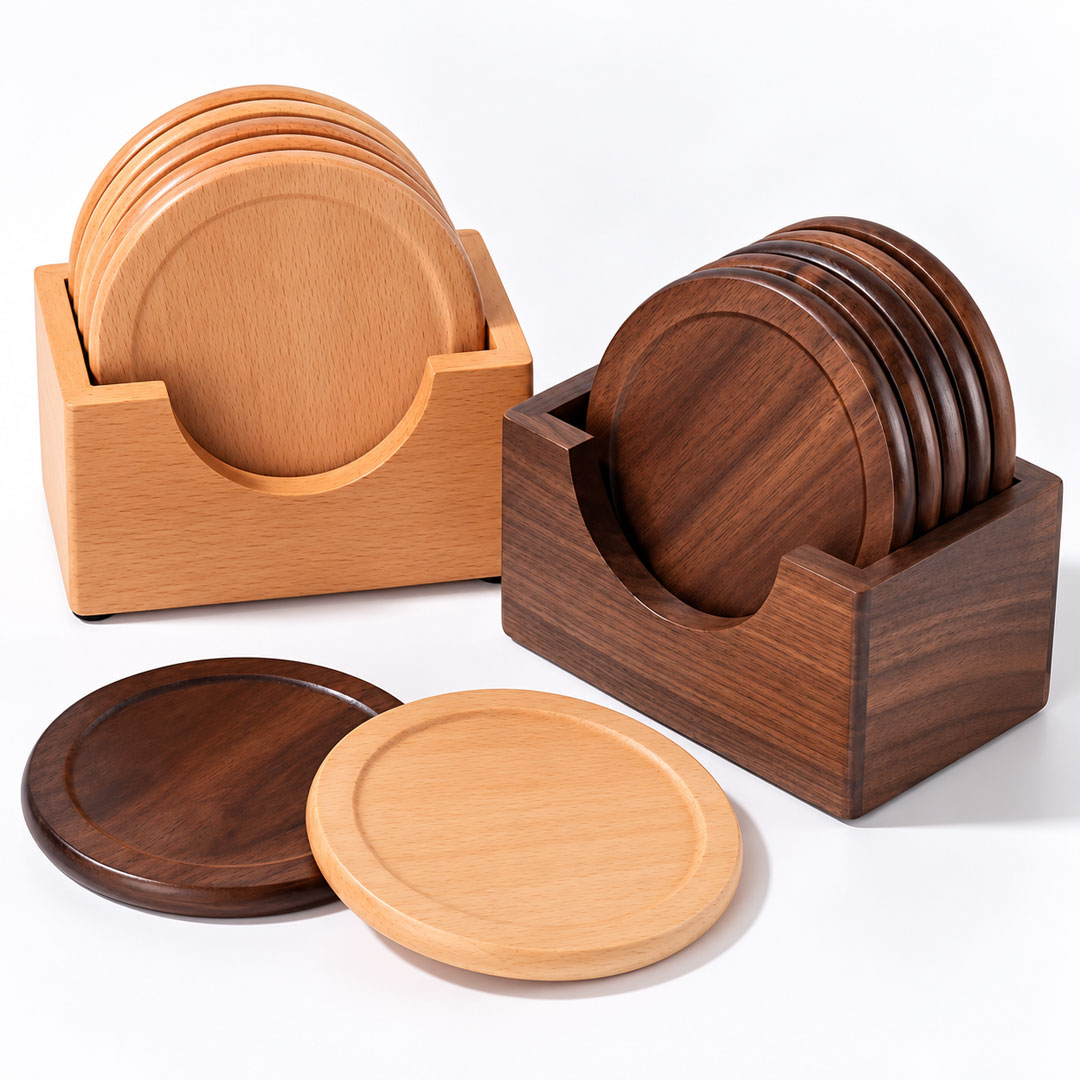 6pc Solid Wood Coaster Set with Holder