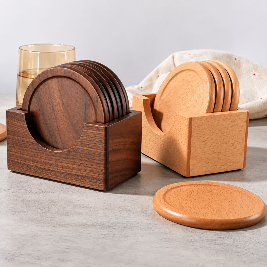 6pc Solid Wood Coaster Set with Holder