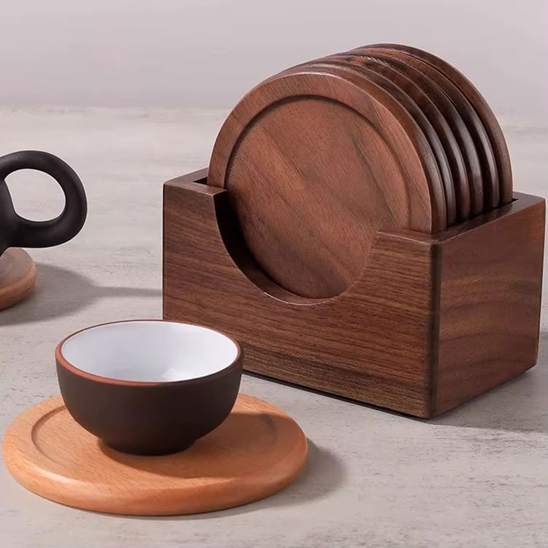 6pc Solid Wood Coaster Set with Holder