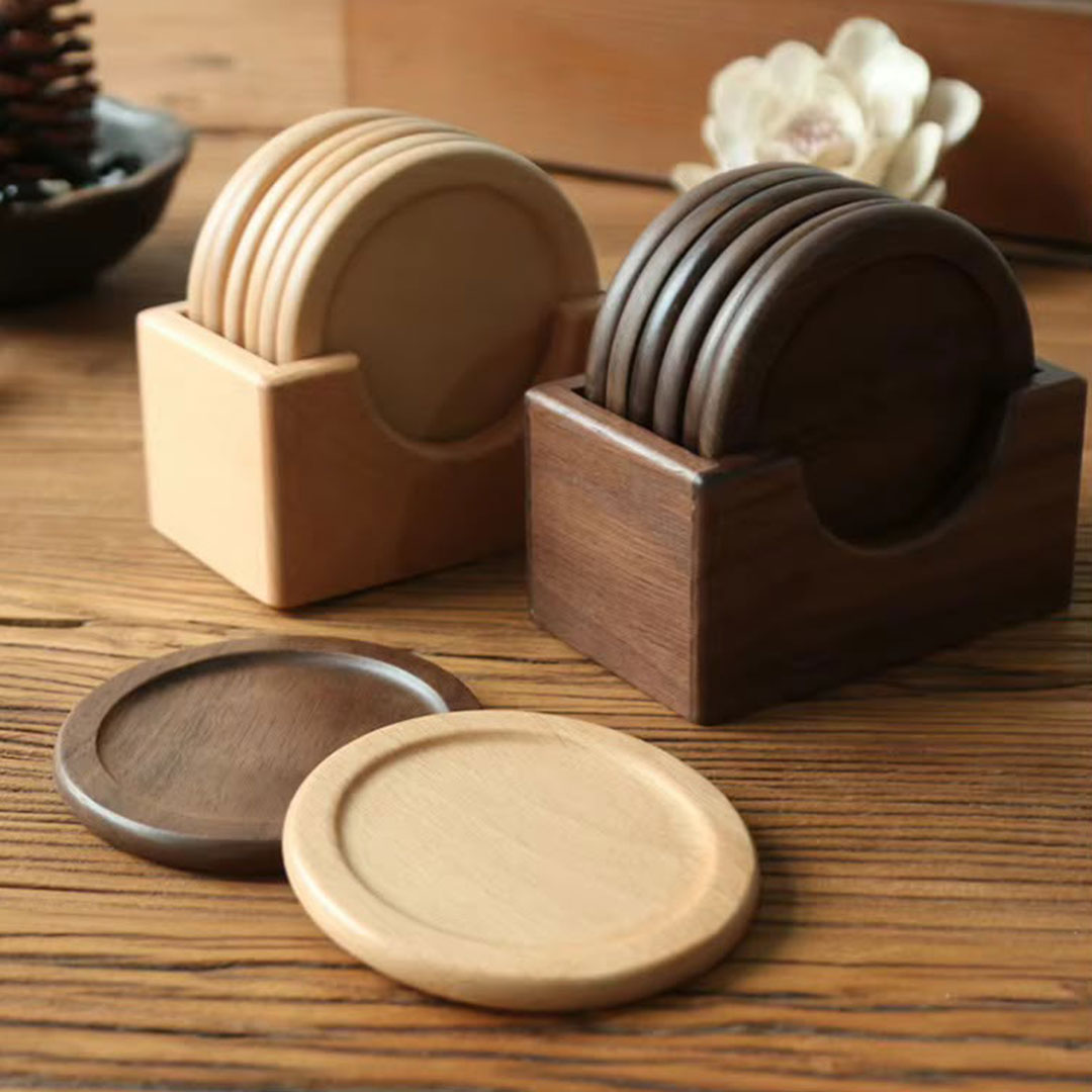 6pc Solid Wood Coaster Set with Holder