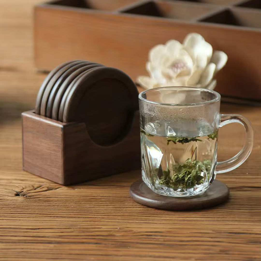 6pc Solid Wood Coaster Set with Holder