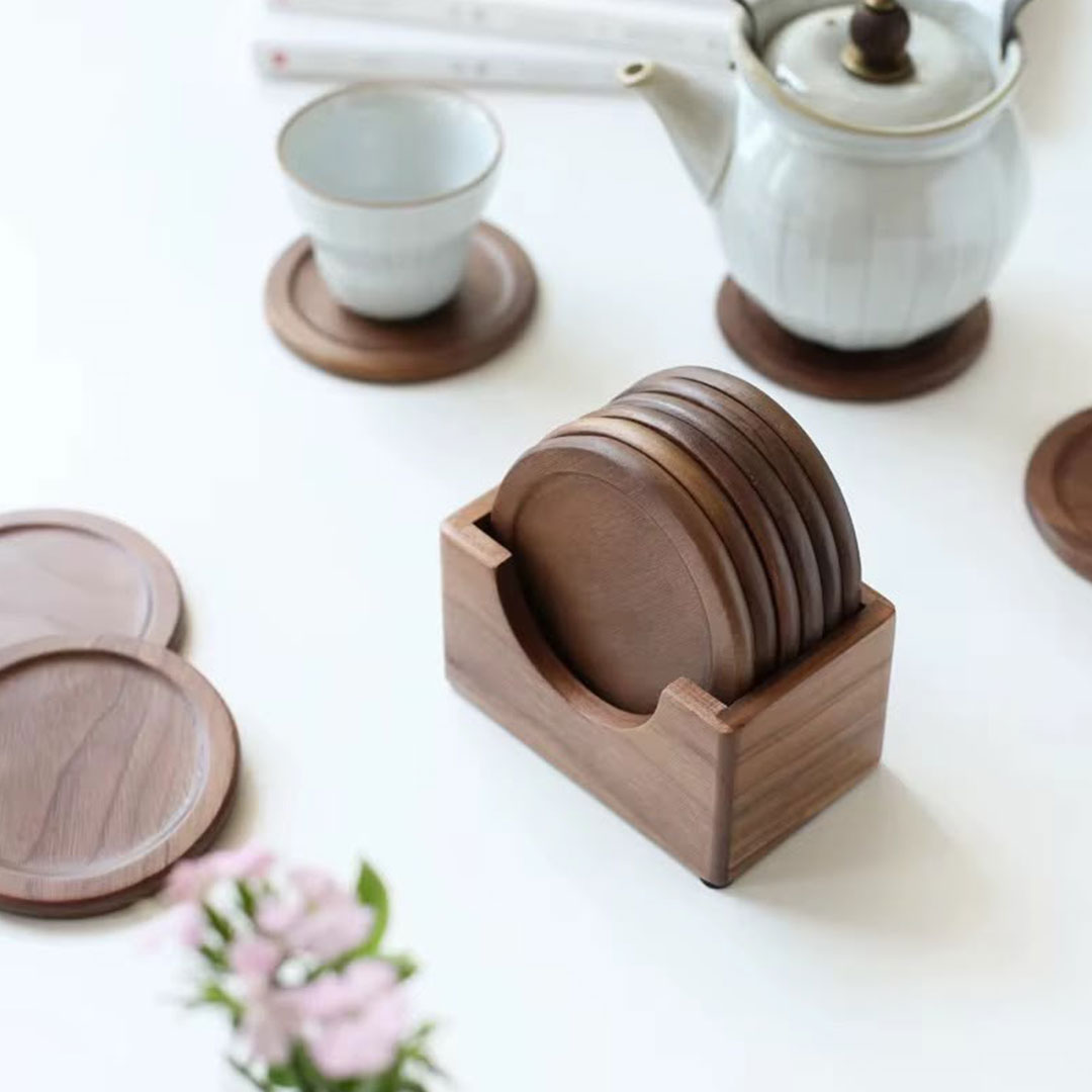 6pc Solid Wood Coaster Set with Holder