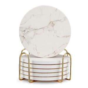 6pc Ceramic Coaster Set with Gold Holder
