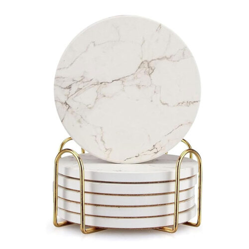 6pc Ceramic Coaster Set with Gold Holder